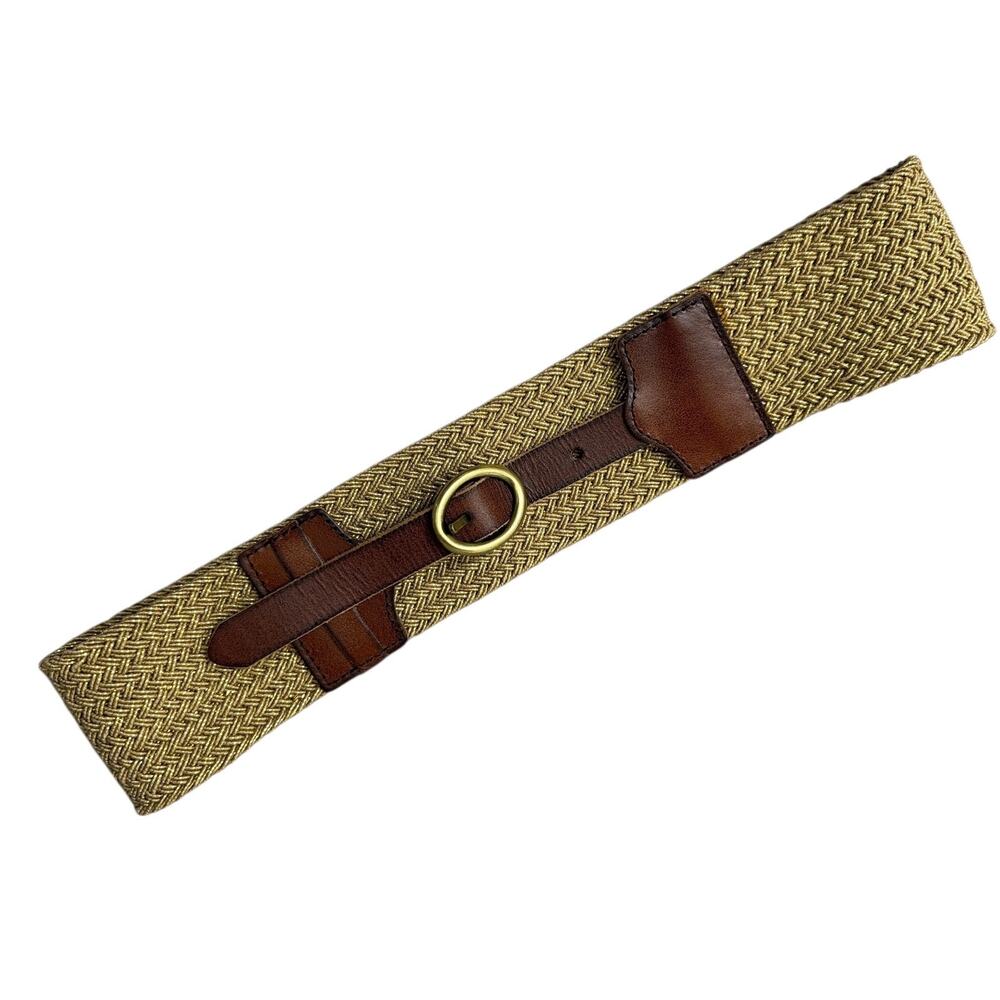 Linea Pelle Woven Gold fabric & Brown Leather Waist Belt with Gold Buckle